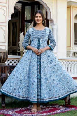ftDiva Women Paisley Floral Printed Anarkali Gown in Blue 5