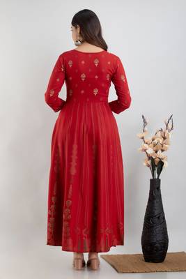 ftDiva Women Ethnic Motifs Printed Anarkali Gown in Red 2