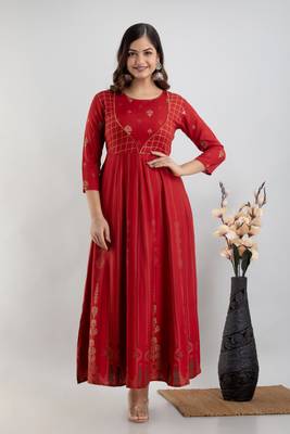 ftDiva Women Ethnic Motifs Printed Anarkali Gown in Red 3