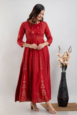 ftDiva Women Ethnic Motifs Printed Anarkali Gown in Red 4