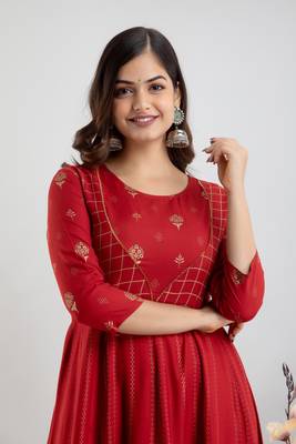 ftDiva Women Ethnic Motifs Printed Anarkali Gown in Red 5