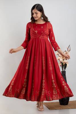 ftDiva Women Ethnic Motifs Printed Anarkali Gown in Red 1