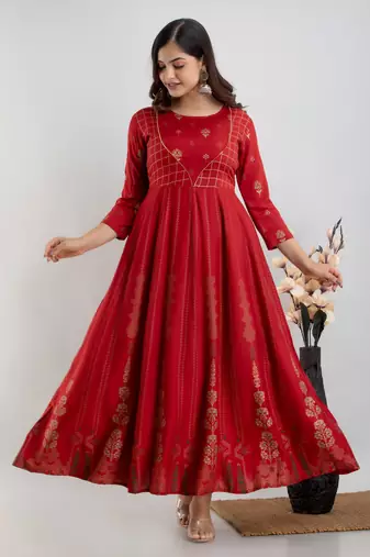 ftDiva Women Ethnic Motifs Printed Anarkali Gown in Red