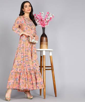 Embroidered Anarkali gown in Peach 1