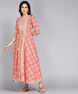 ftDiva Floral Print Anarkali Gown in Peach 1