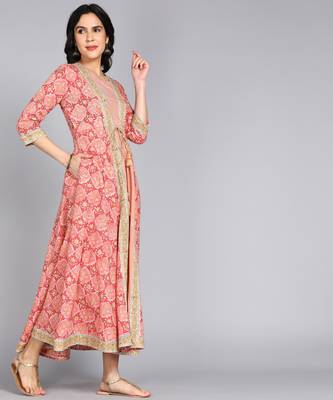 ftDiva Floral Print Anarkali Gown in Peach 2