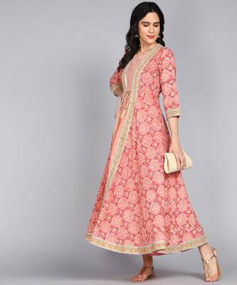 ftDiva Floral Print Anarkali Gown in Peach 5