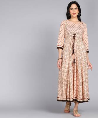 ftDiva Women Floral Printed Anarkali Gown in Cream 1