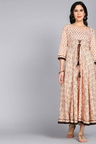 ftDiva Women Floral Printed Anarkali Gown in Cream