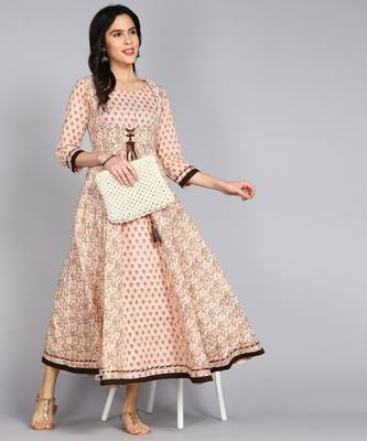 ftDiva Women Floral Printed Anarkali Gown in Cream 5