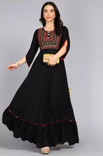 Women Embroidered Anarkali Gown in Black