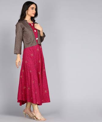 Women Floral Print Jacketed Anarkali Gown in Fuchsia 2