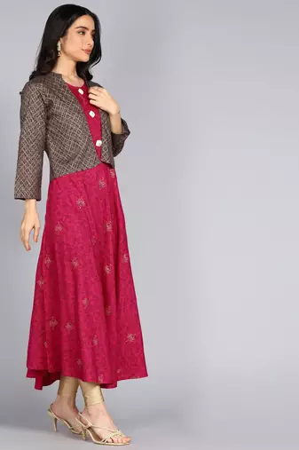 Women Floral Print Jacketed Anarkali Gown in Fuchsia