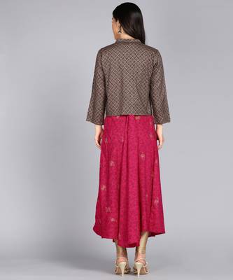 Women Floral Print Jacketed Anarkali Gown in Fuchsia 3