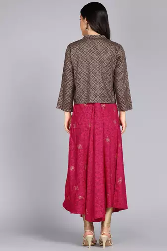 Women Floral Print Jacketed Anarkali Gown in Fuchsia