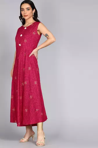 Women Floral Print Jacketed Anarkali Gown in Fuchsia