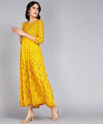 ftDiva Women Paisley Anarkali Gown in Yellow 2