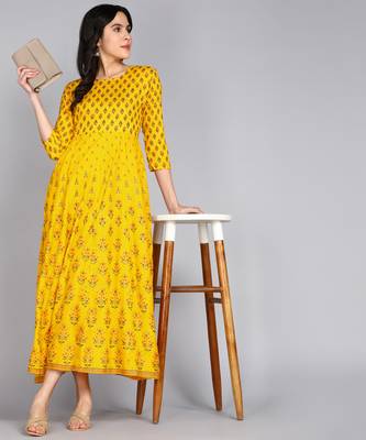 ftDiva Women Paisley Anarkali Gown in Yellow 5