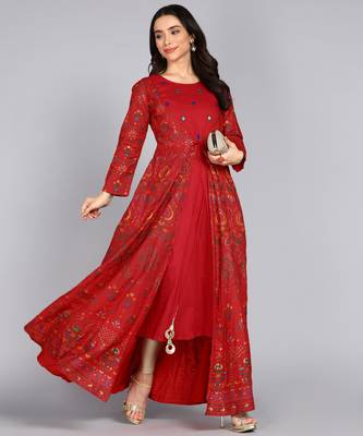 ftDiva Women Embroidered Anarkali Gown In Red 1