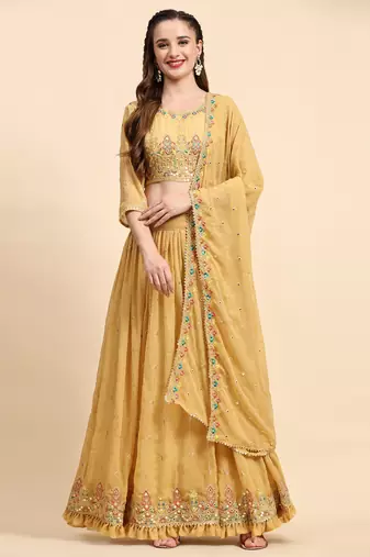 Yellow Sequience Embroidery Work Georgette Fabric Flared Lehenga Choli With Dupatta Semi Stitched.