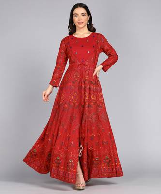ftDiva Women Embroidered Anarkali Gown In Red 5