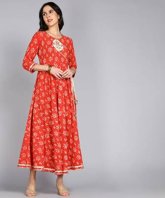 ftDiva Women Embroidered Block print Red Anarkali Gown in Cotton 1
