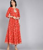ftDiva Women Embroidered Block print Red Anarkali Gown in Cotton