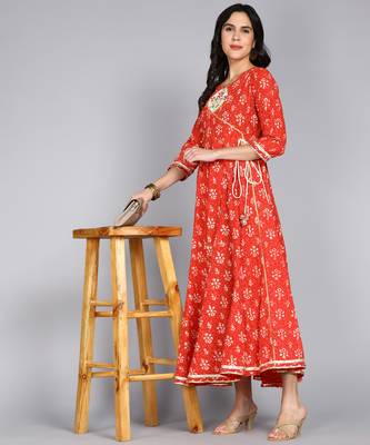 ftDiva Women Embroidered Block print Red Anarkali Gown in Cotton 2