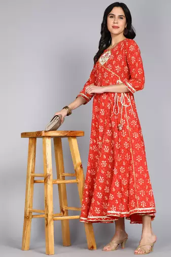 ftDiva Women Embroidered Block print Red Anarkali Gown in Cotton