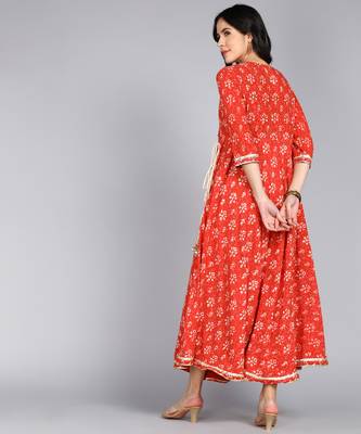 ftDiva Women Embroidered Block print Red Anarkali Gown in Cotton 3