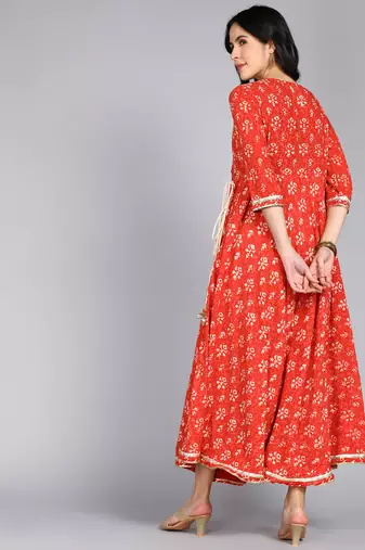 ftDiva Women Embroidered Block print Red Anarkali Gown in Cotton
