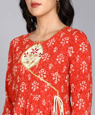 ftDiva Women Embroidered Block print Red Anarkali Gown in Cotton 4