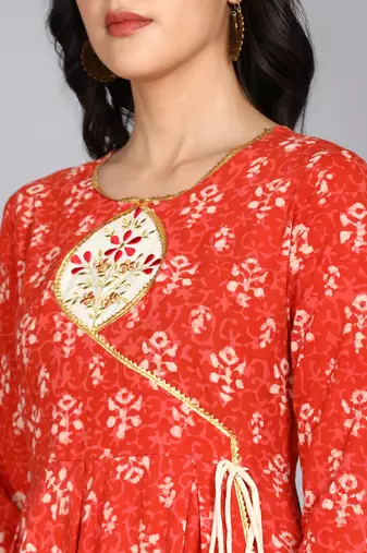 ftDiva Women Embroidered Block print Red Anarkali Gown in Cotton