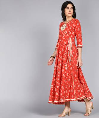 ftDiva Women Embroidered Block print Red Anarkali Gown in Cotton 5