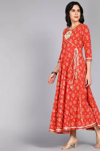 ftDiva Women Embroidered Block print Red Anarkali Gown in Cotton