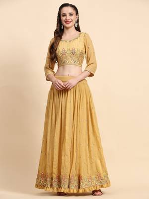 Yellow Sequience Embroidery Work Georgette Fabric Flared Lehenga Choli With Dupatta Semi Stitched. 3
