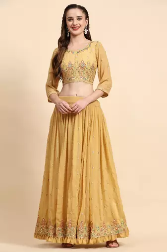 Yellow Sequience Embroidery Work Georgette Fabric Flared Lehenga Choli With Dupatta Semi Stitched.
