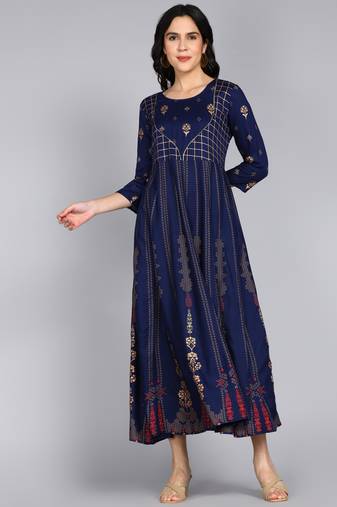 ftDiva Women Ethnic Motifs Printed Anarkali Gown in Blue
