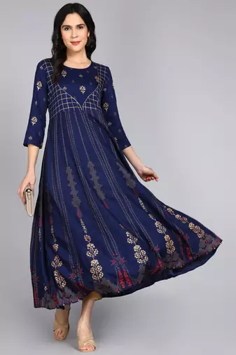 Women Ethnic Motifs Printed Anarkali Gown in Blue