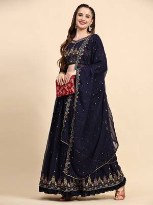 Blue Sequience Embroidery Work Georgette Fabric Flared Lehenga Choli With Dupatta Semi Stitched. 1