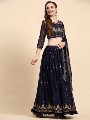Blue Sequience Embroidery Work Georgette Fabric Flared Lehenga Choli With Dupatta Semi Stitched. 2