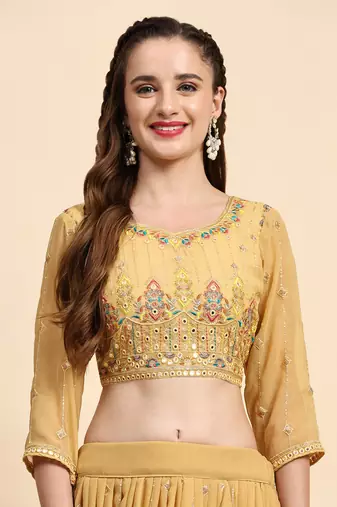 Yellow Sequience Embroidery Work Georgette Fabric Flared Lehenga Choli With Dupatta Semi Stitched.