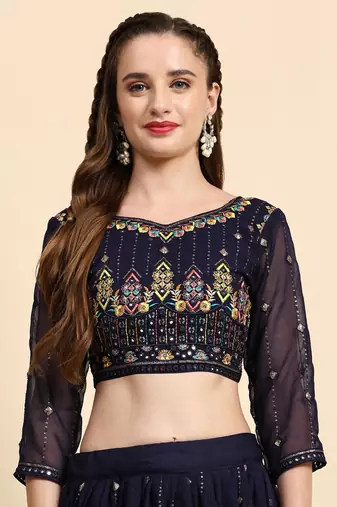 Blue Sequience Embroidery Work Georgette Fabric Flared Lehenga Choli With Dupatta Semi Stitched.