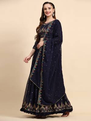 Blue Sequience Embroidery Work Georgette Fabric Flared Lehenga Choli With Dupatta Semi Stitched. 4