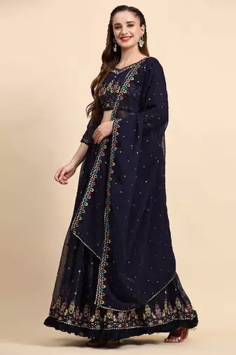 Blue Sequience Embroidery Work Georgette Fabric Flared Lehenga Choli With Dupatta Semi Stitched.