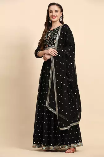 Black Sequience Embroidery Work Georgette Fabric Party wear Lehenga Choli With Dupatta Semi Stitched.