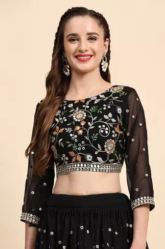 Black Sequience Embroidery Work Georgette Fabric Party wear Lehenga Choli With Dupatta Semi Stitched.