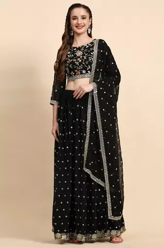 Black Sequience Embroidery Work Georgette Fabric Party wear Lehenga Choli With Dupatta Semi Stitched.