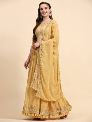 Yellow Sequience Embroidery Work Georgette Fabric Flared Lehenga Choli With Dupatta Semi Stitched. 5
