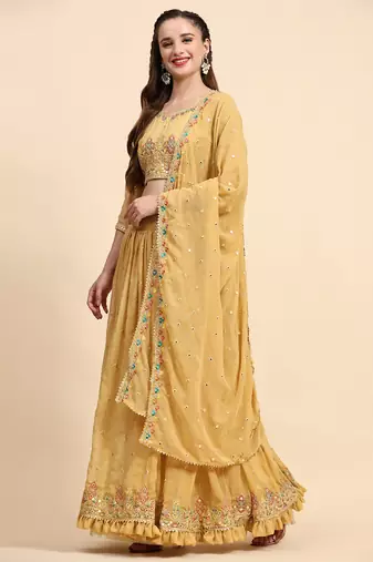 Yellow Sequience Embroidery Work Georgette Fabric Flared Lehenga Choli With Dupatta Semi Stitched.